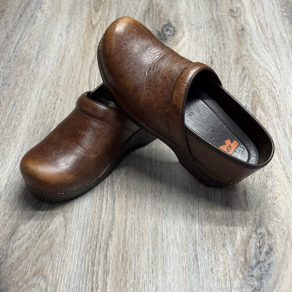 Dansko Clogs Womens US 9.5/ EU 40 Brown Floral Embossed Leather Professional